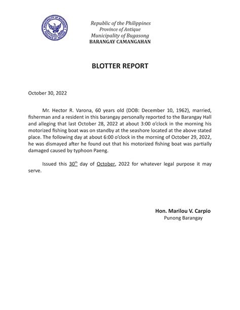 Download Blotter Report Sample. . Barangay blotter report format